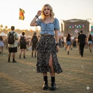 IRIS Denim Crop Top Ruffle Chambray Shirt S Festival‎ Grunge Western Y2K  Boho